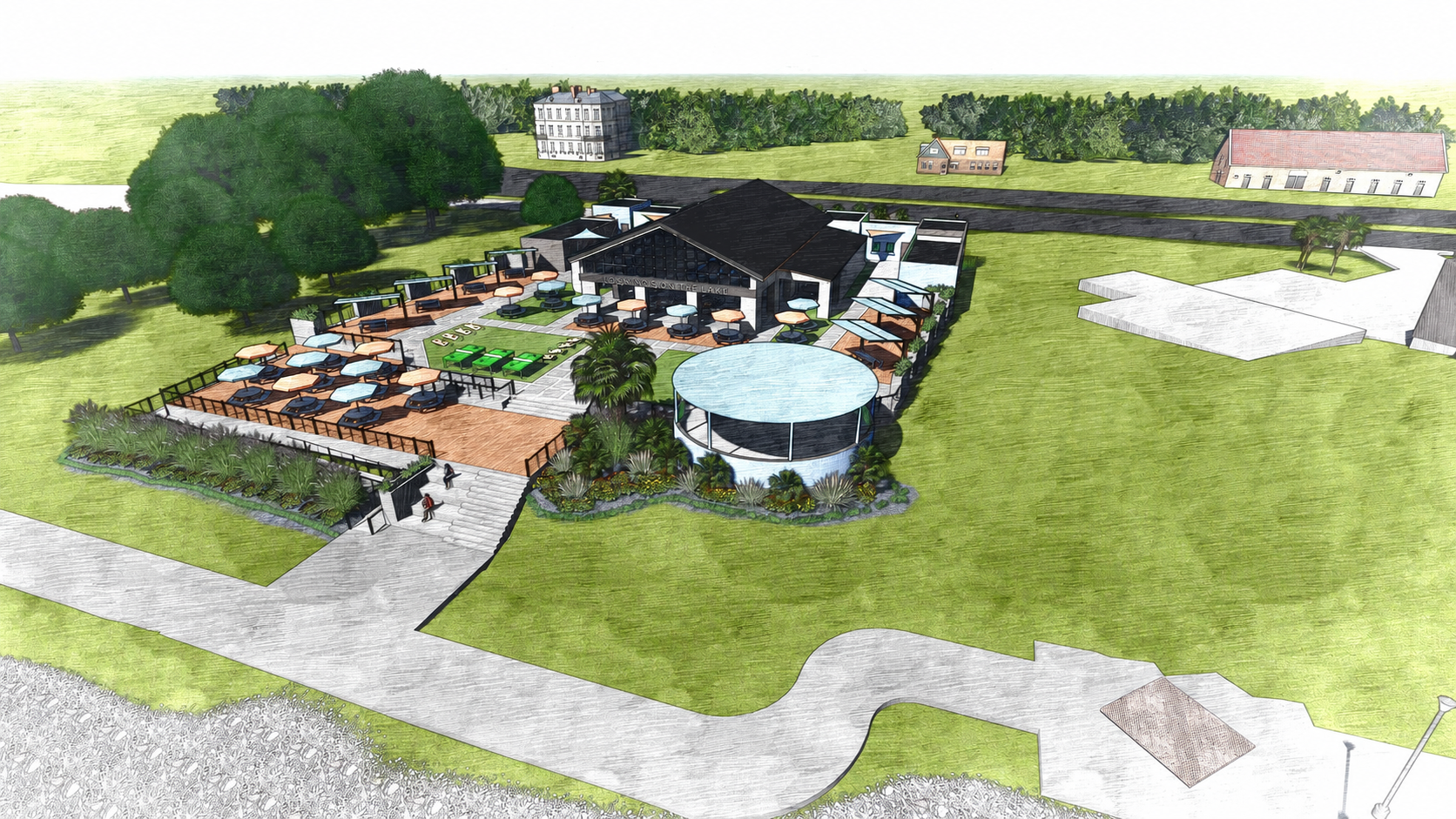 Conceptual aerial rendering of the full Lakefront dining and entertainment district