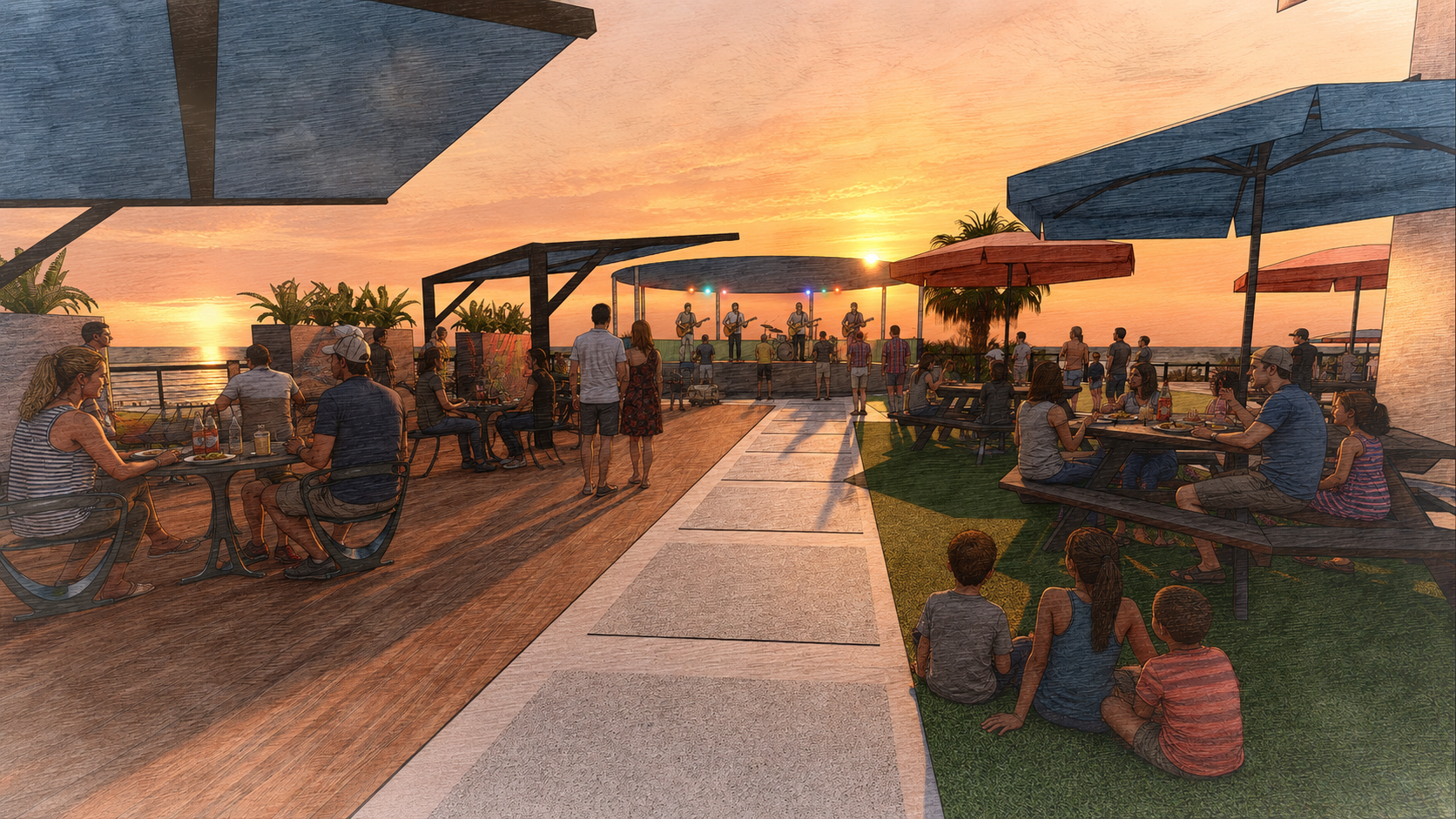 Conceptual sunset rendering of the stage and waterfront seating area